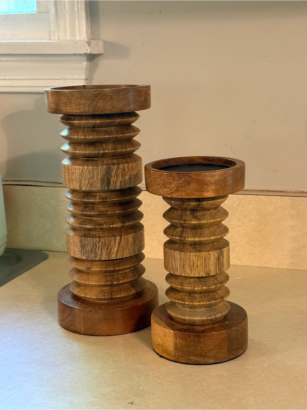 Wooden Decorative Pillar Candle Holders - Brown (Set of 2)